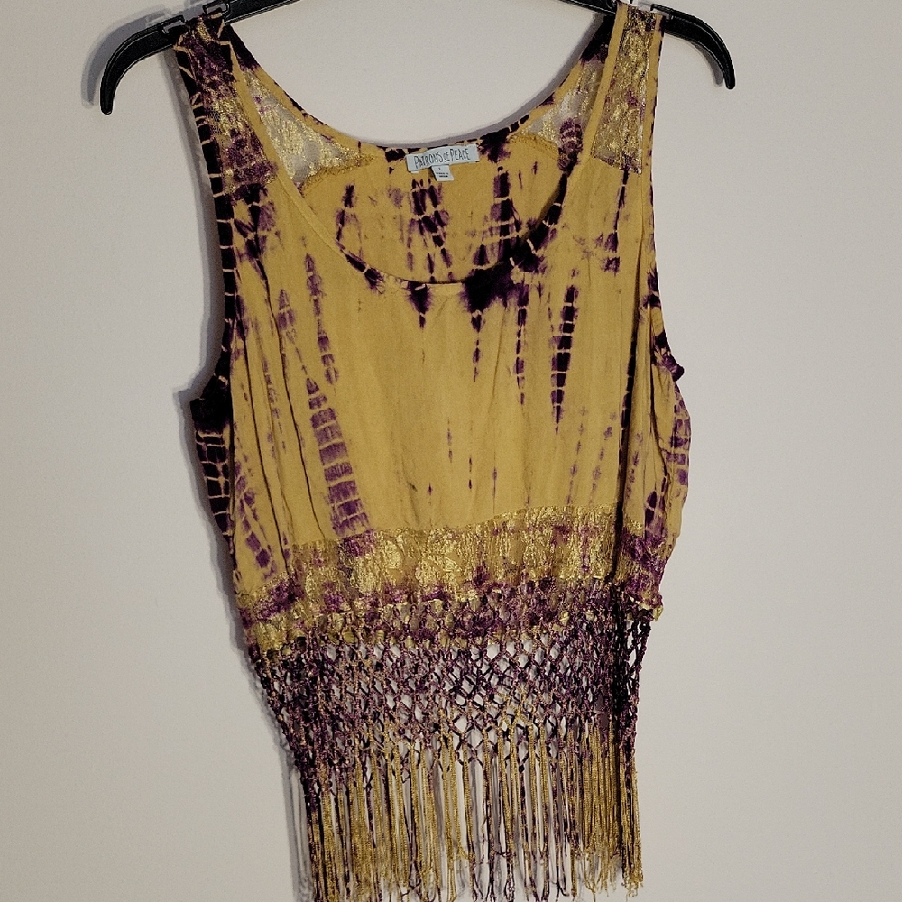 Patrons of Peace Purple and Yellow Tie-Dye Fringe Tank Top size large
